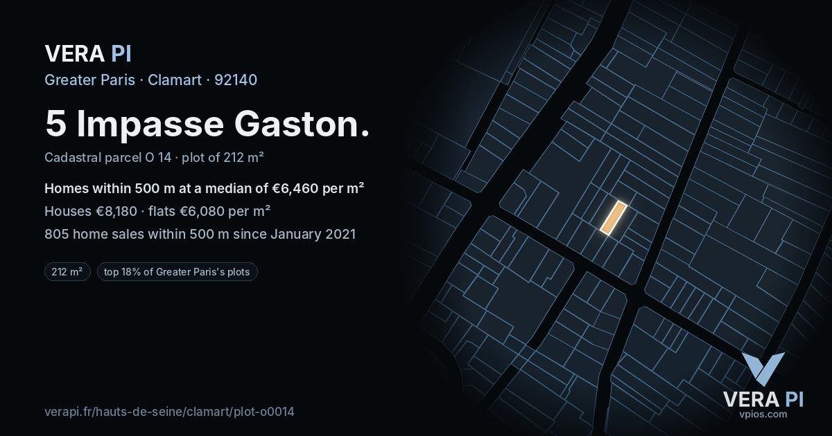 5 Impasse Gaston, Clamart at night – the plot lit, the parcels around coloured by the prices near them