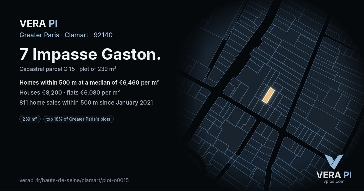 7 Impasse Gaston, Clamart at night – the plot lit, the parcels around coloured by the prices near them