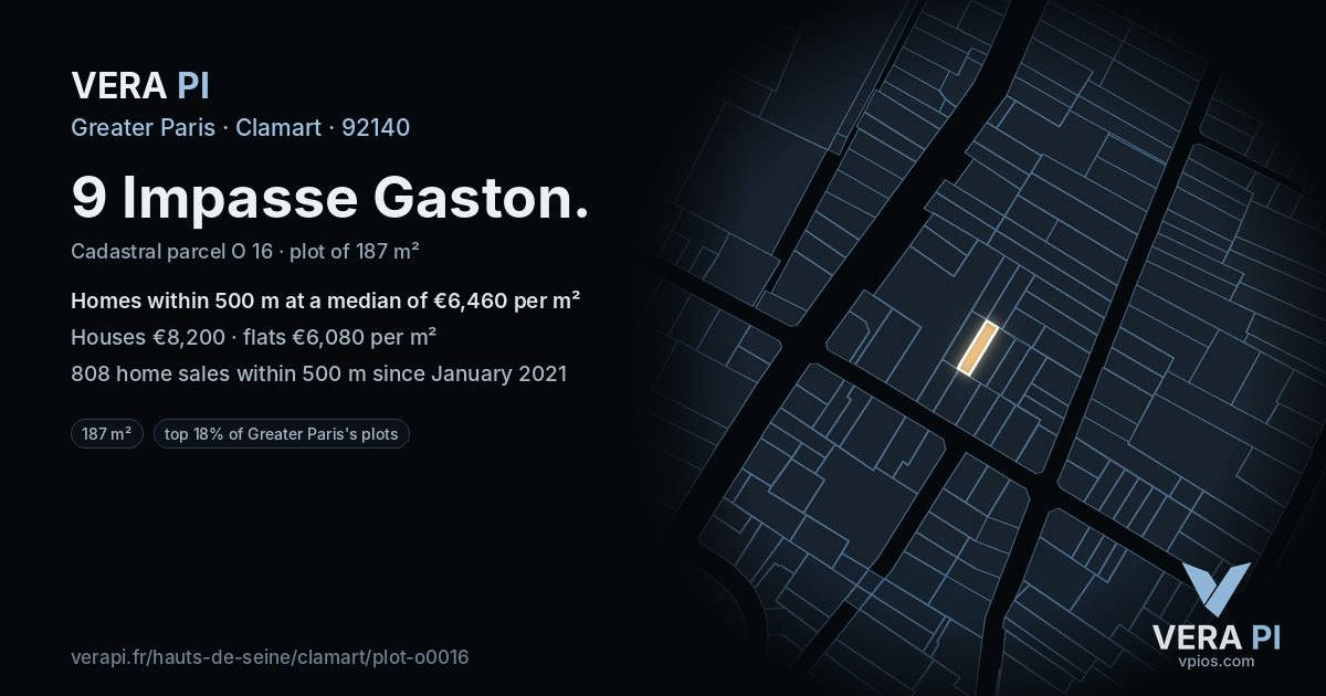 9 Impasse Gaston, Clamart at night – the plot lit, the parcels around coloured by the prices near them