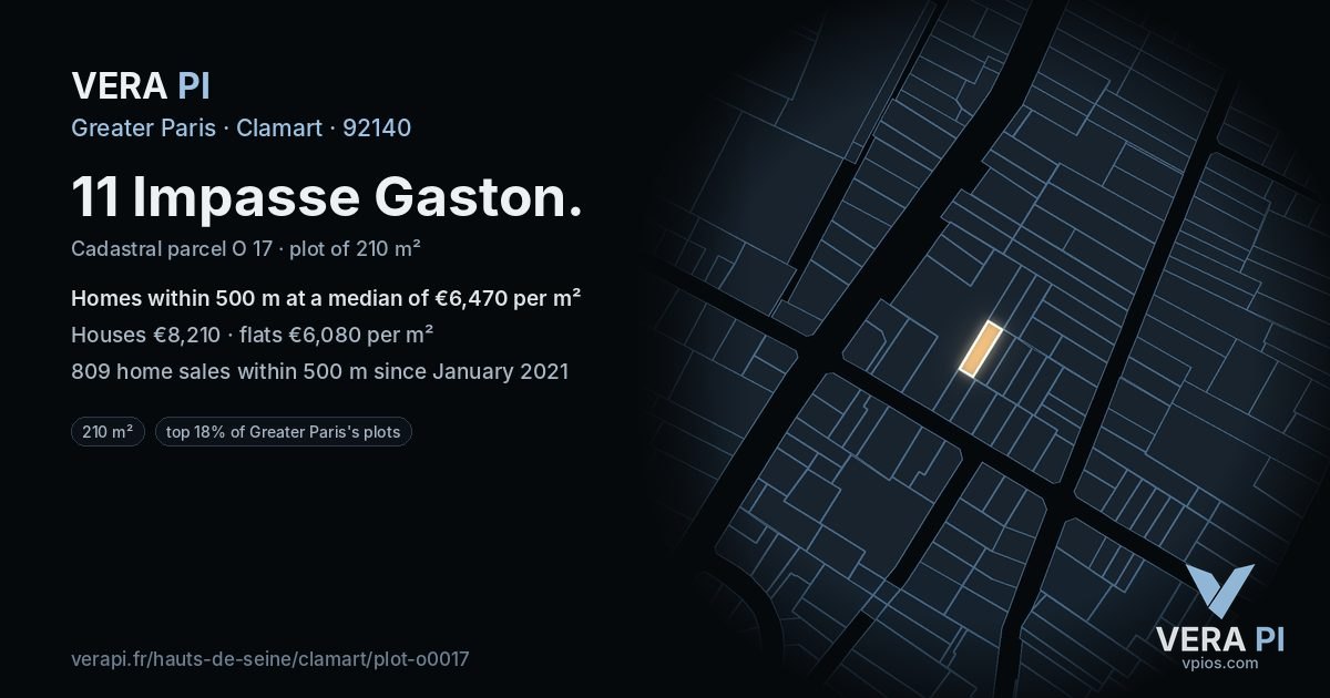 11 Impasse Gaston, Clamart at night – the plot lit, the parcels around coloured by the prices near them