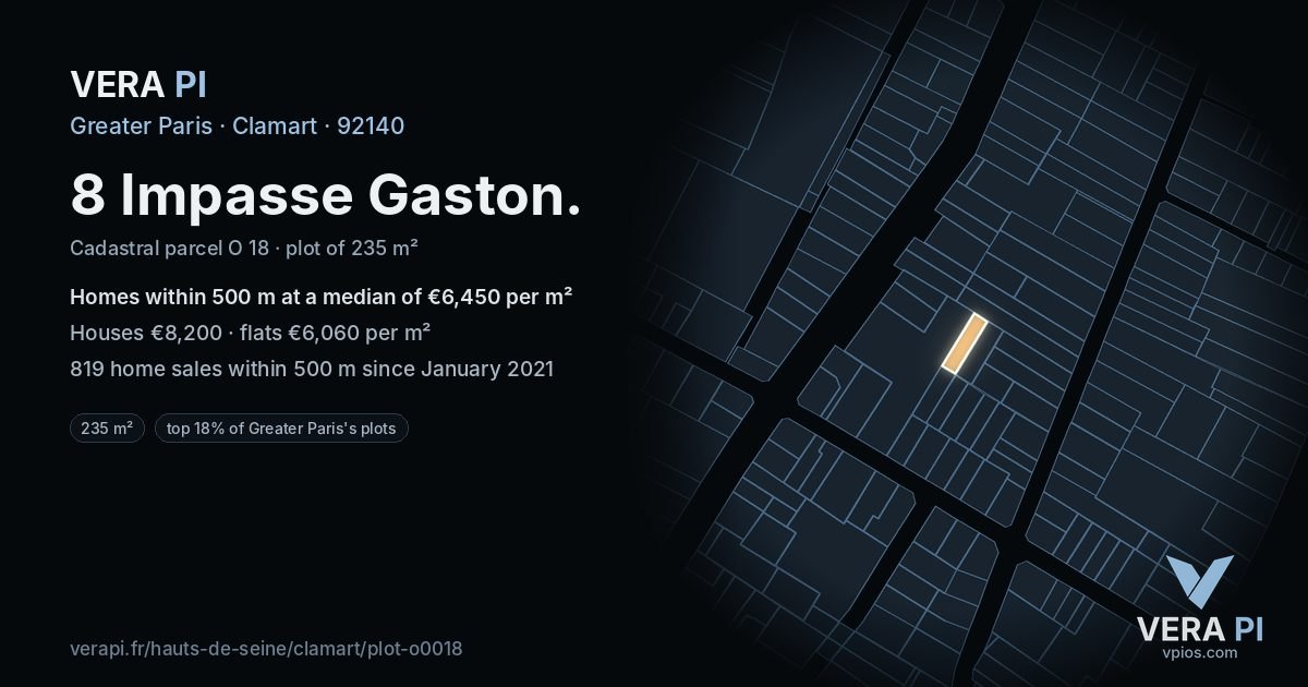 8 Impasse Gaston, Clamart at night – the plot lit, the parcels around coloured by the prices near them