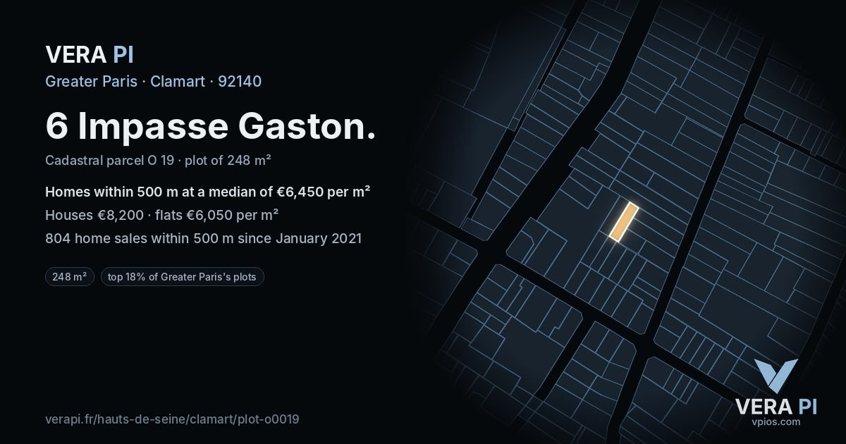 6 Impasse Gaston, Clamart at night – the plot lit, the parcels around coloured by the prices near them