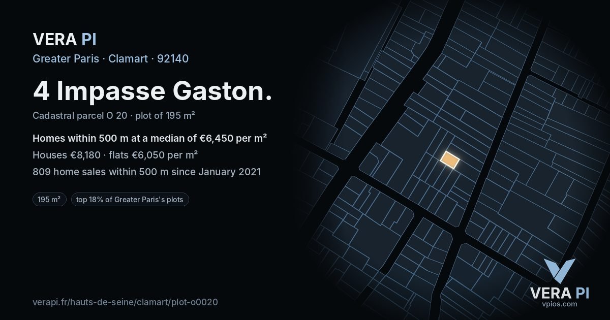 4 Impasse Gaston, Clamart at night – the plot lit, the parcels around coloured by the prices near them