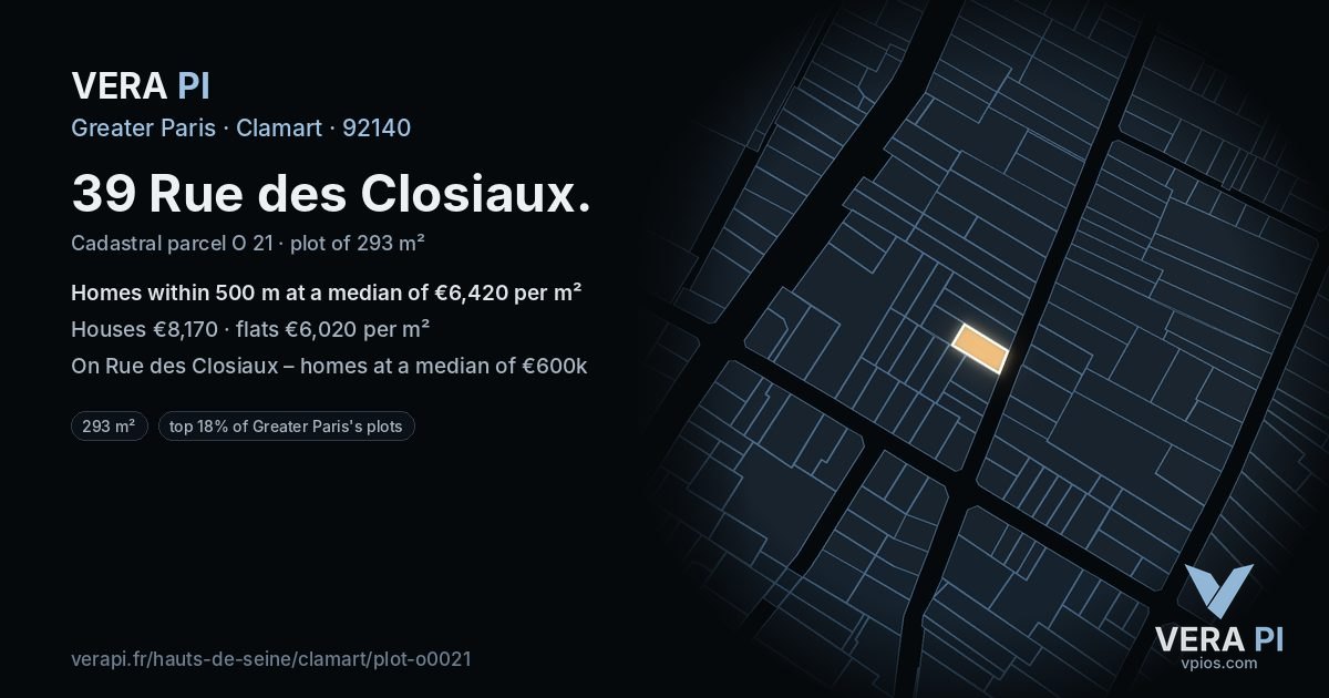 39 Rue des Closiaux, Clamart at night – the plot lit, the parcels around coloured by the prices near them