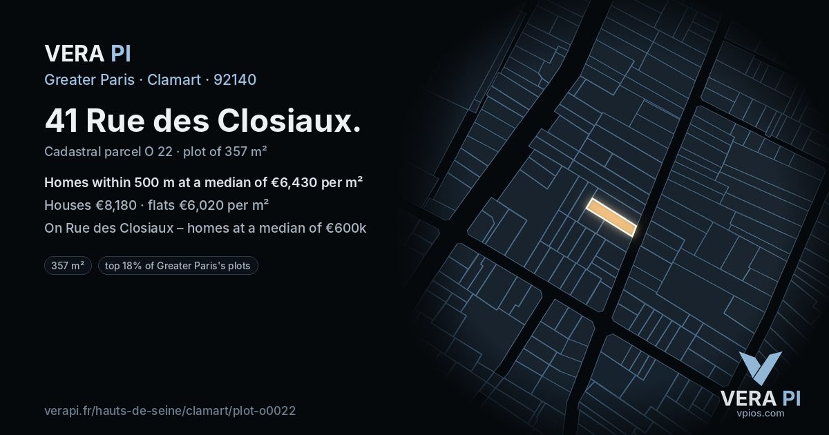 41 Rue des Closiaux, Clamart at night – the plot lit, the parcels around coloured by the prices near them