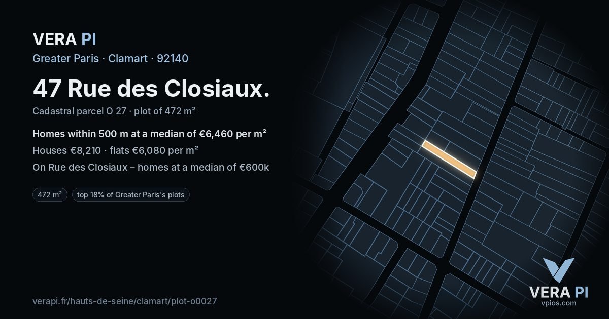 47 Rue des Closiaux, Clamart at night – the plot lit, the parcels around coloured by the prices near them