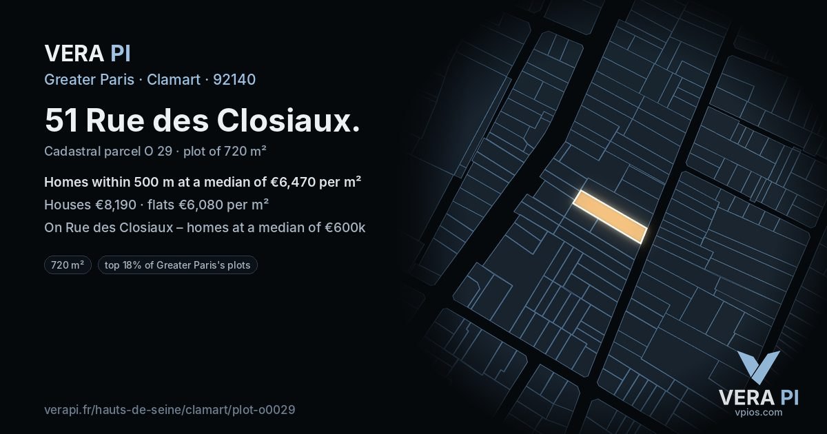 51 Rue des Closiaux, Clamart at night – the plot lit, the parcels around coloured by the prices near them