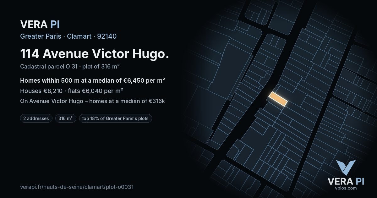 114 Avenue Victor Hugo, Clamart at night – the plot lit, the parcels around coloured by the prices near them