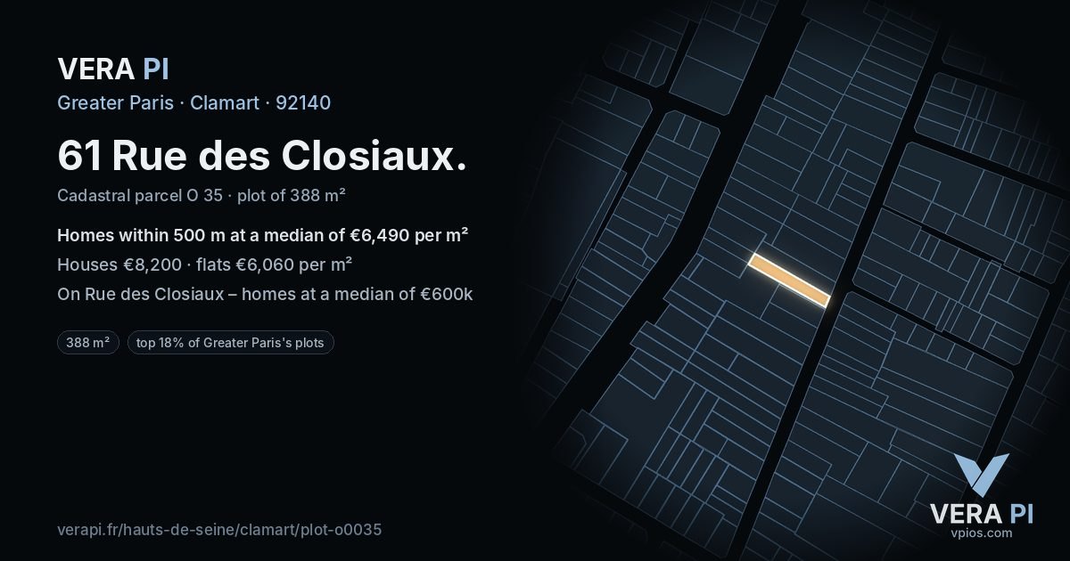 61 Rue des Closiaux, Clamart at night – the plot lit, the parcels around coloured by the prices near them
