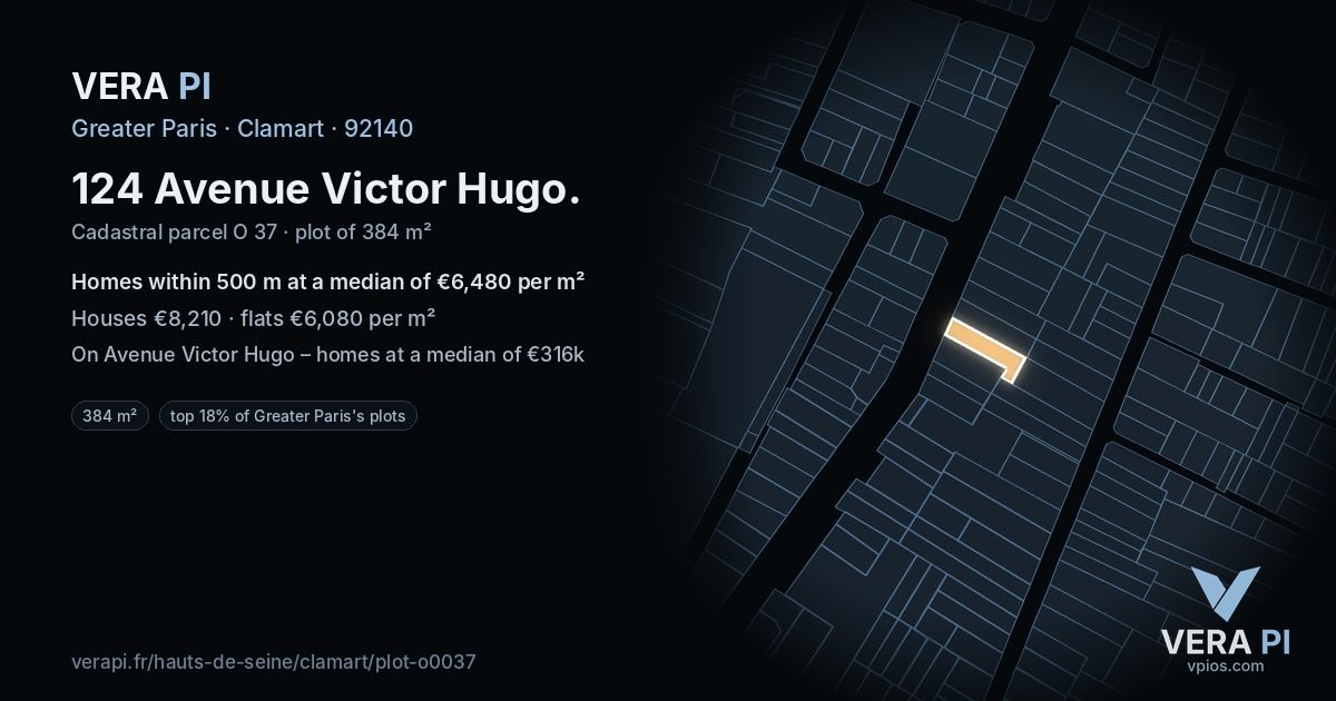 124 Avenue Victor Hugo, Clamart at night – the plot lit, the parcels around coloured by the prices near them