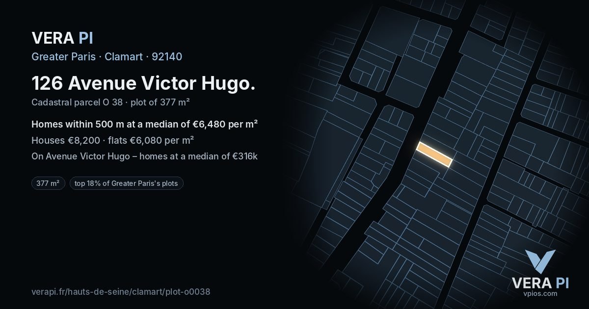 126 Avenue Victor Hugo, Clamart at night – the plot lit, the parcels around coloured by the prices near them