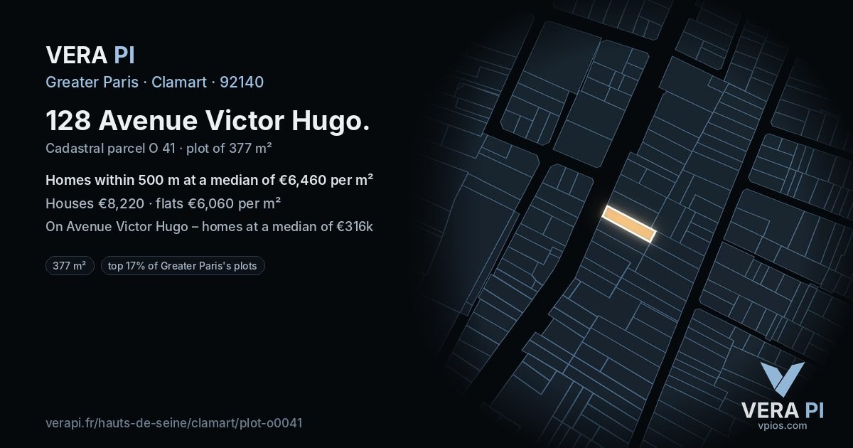 128 Avenue Victor Hugo, Clamart at night – the plot lit, the parcels around coloured by the prices near them