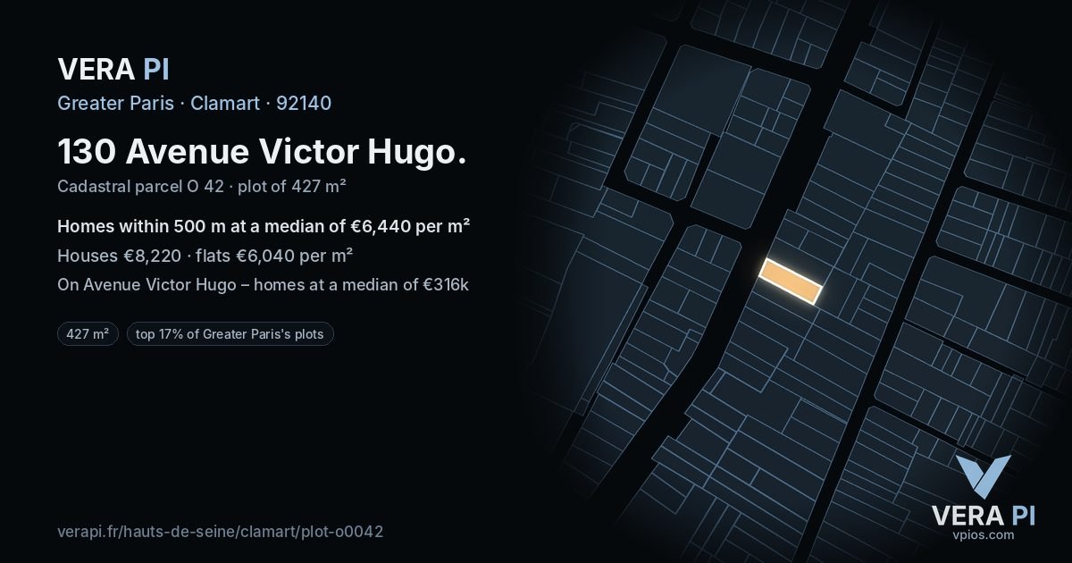 130 Avenue Victor Hugo, Clamart at night – the plot lit, the parcels around coloured by the prices near them