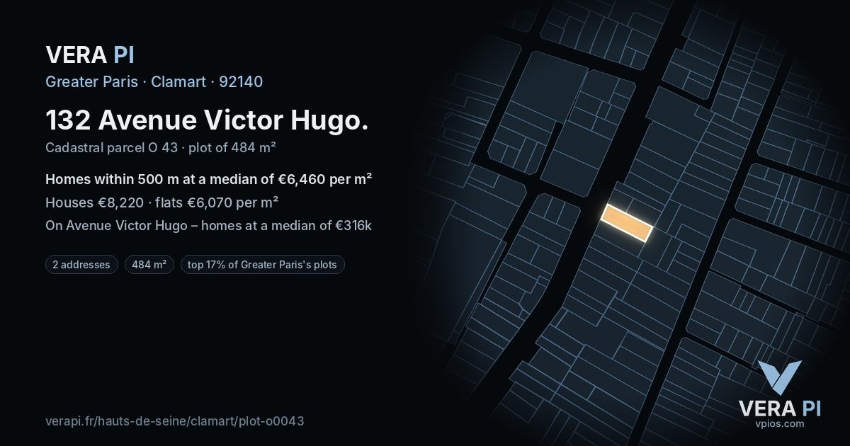 132 Avenue Victor Hugo, Clamart at night – the plot lit, the parcels around coloured by the prices near them