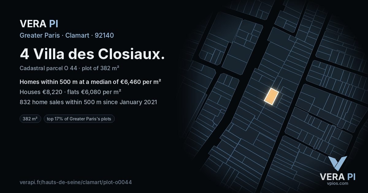 4 Villa des Closiaux, Clamart at night – the plot lit, the parcels around coloured by the prices near them
