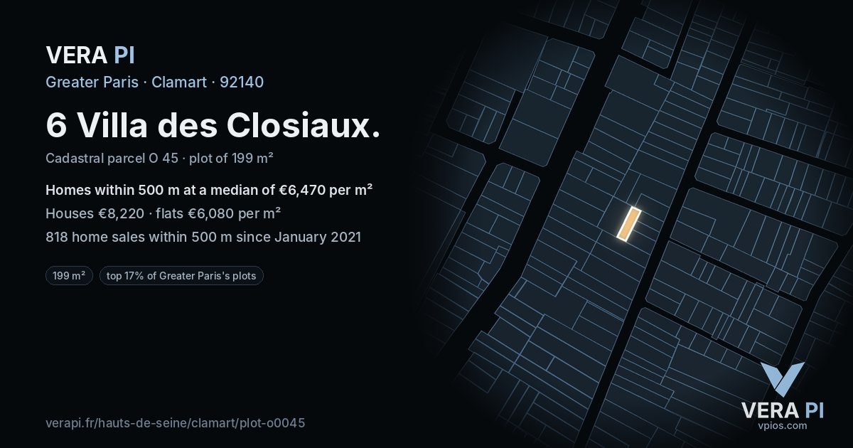 6 Villa des Closiaux, Clamart at night – the plot lit, the parcels around coloured by the prices near them