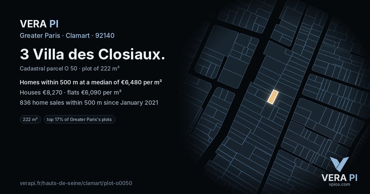 3 Villa des Closiaux, Clamart at night – the plot lit, the parcels around coloured by the prices near them