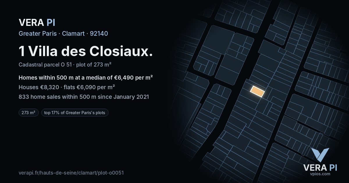 1 Villa des Closiaux, Clamart at night – the plot lit, the parcels around coloured by the prices near them