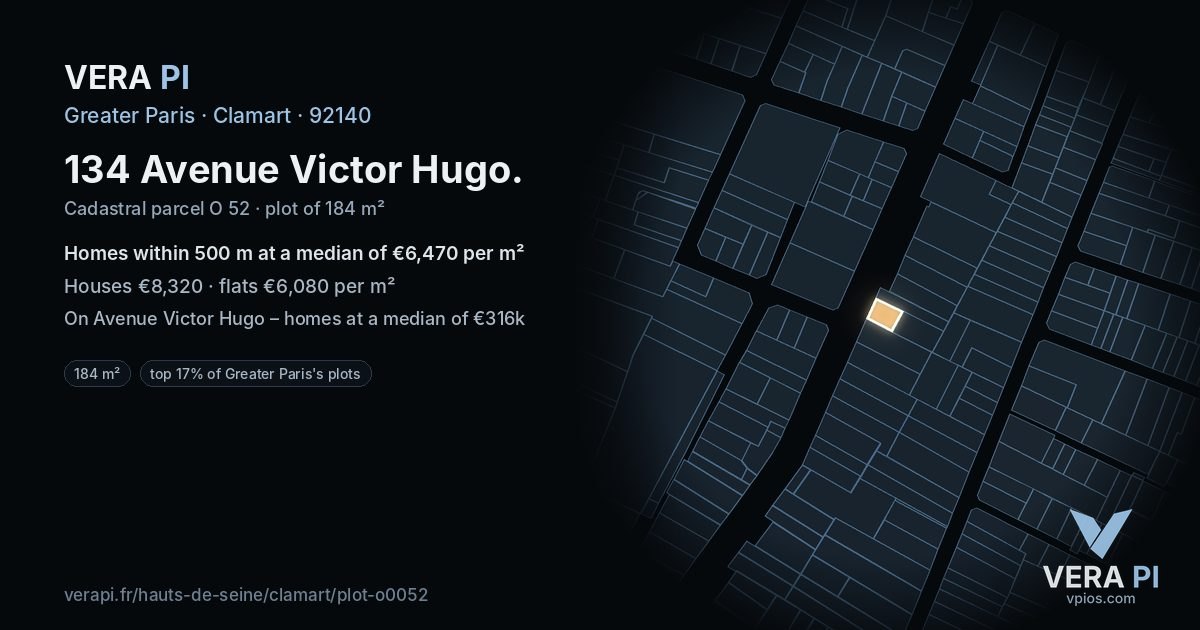 134 Avenue Victor Hugo, Clamart at night – the plot lit, the parcels around coloured by the prices near them
