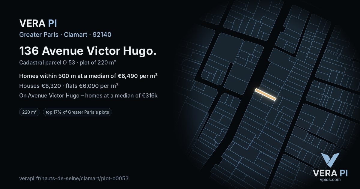 136 Avenue Victor Hugo, Clamart at night – the plot lit, the parcels around coloured by the prices near them
