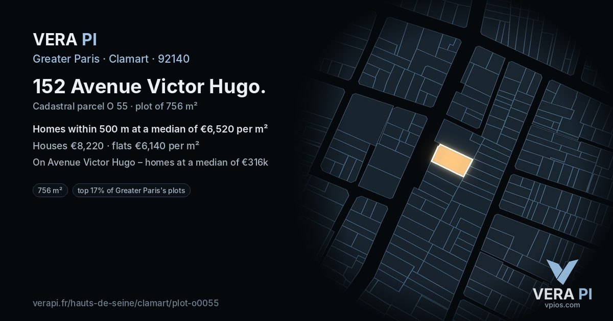 152 Avenue Victor Hugo, Clamart at night – the plot lit, the parcels around coloured by the prices near them