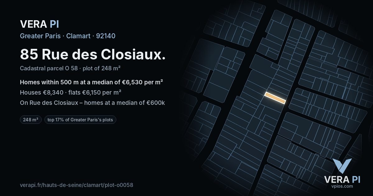 85 Rue des Closiaux, Clamart at night – the plot lit, the parcels around coloured by the prices near them