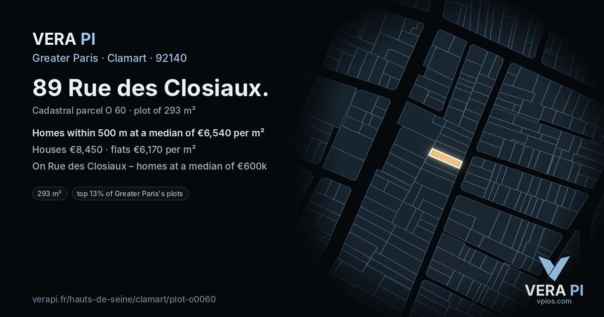 89 Rue des Closiaux, Clamart at night – the plot lit, the parcels around coloured by the prices near them
