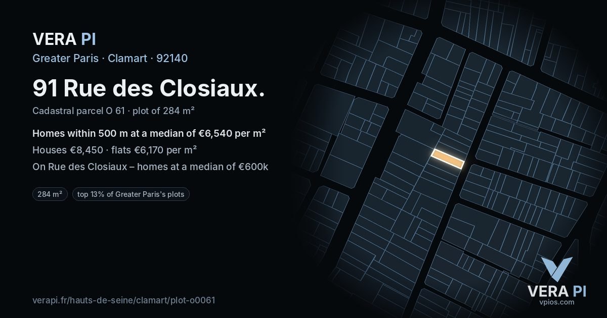91 Rue des Closiaux, Clamart at night – the plot lit, the parcels around coloured by the prices near them