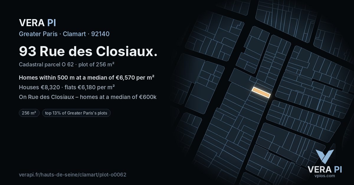 93 Rue des Closiaux, Clamart at night – the plot lit, the parcels around coloured by the prices near them