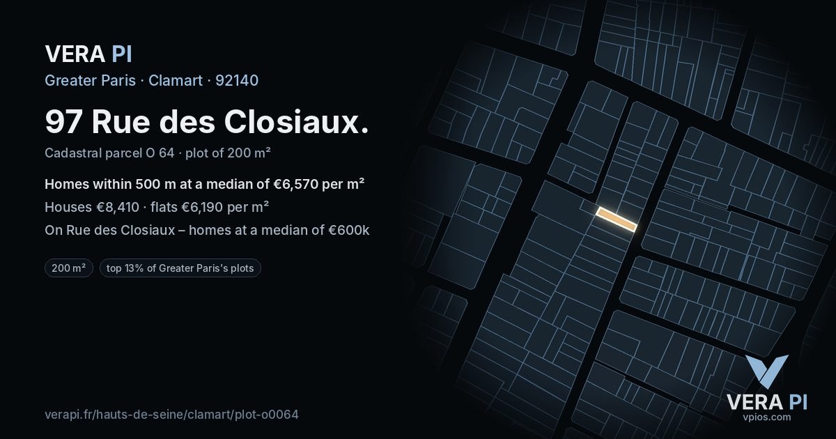 97 Rue des Closiaux, Clamart at night – the plot lit, the parcels around coloured by the prices near them