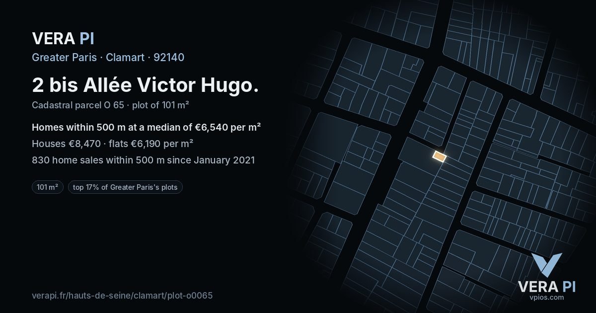 2 bis Allée Victor Hugo, Clamart at night – the plot lit, the parcels around coloured by the prices near them