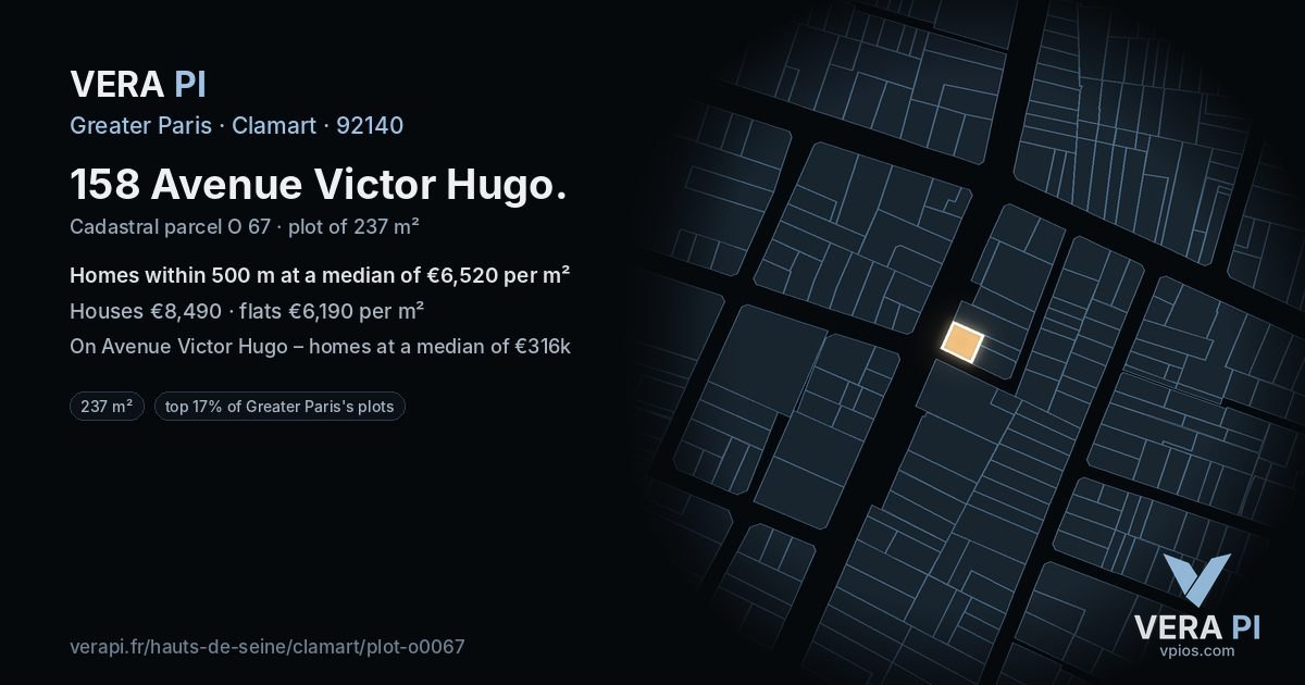 158 Avenue Victor Hugo, Clamart at night – the plot lit, the parcels around coloured by the prices near them