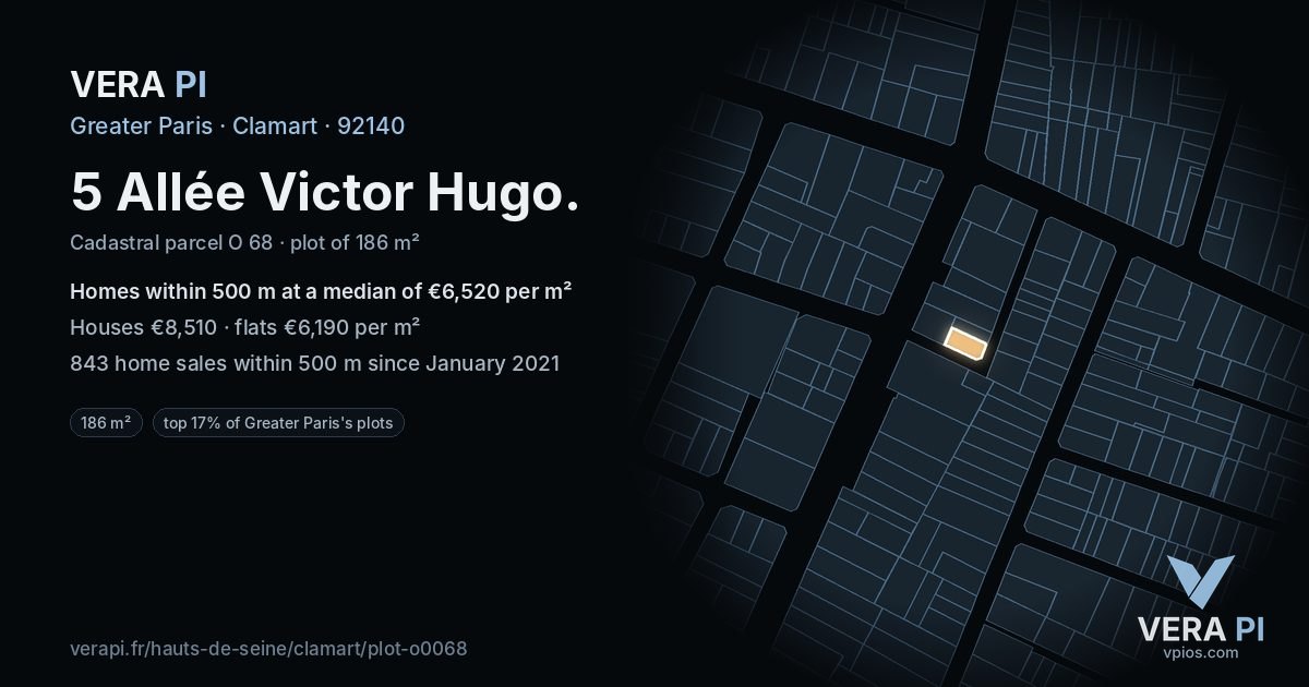 5 Allée Victor Hugo, Clamart at night – the plot lit, the parcels around coloured by the prices near them