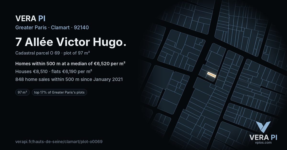 7 Allée Victor Hugo, Clamart at night – the plot lit, the parcels around coloured by the prices near them
