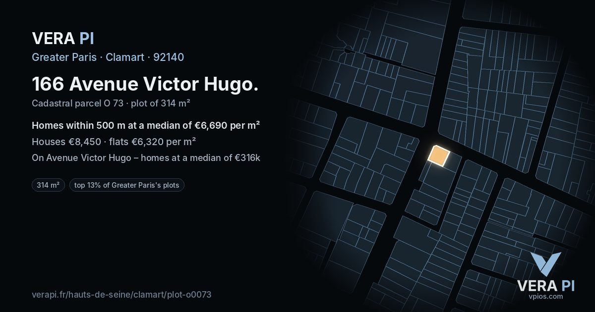 166 Avenue Victor Hugo, Clamart at night – the plot lit, the parcels around coloured by the prices near them