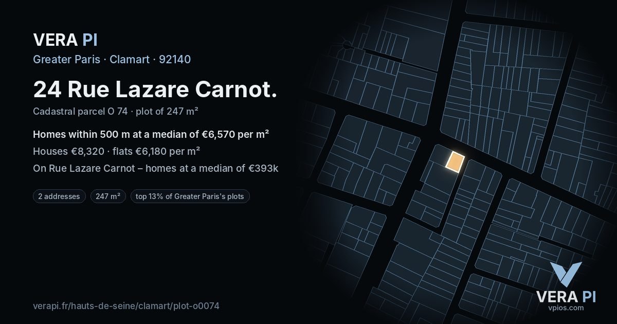 24 Rue Lazare Carnot, Clamart at night – the plot lit, the parcels around coloured by the prices near them