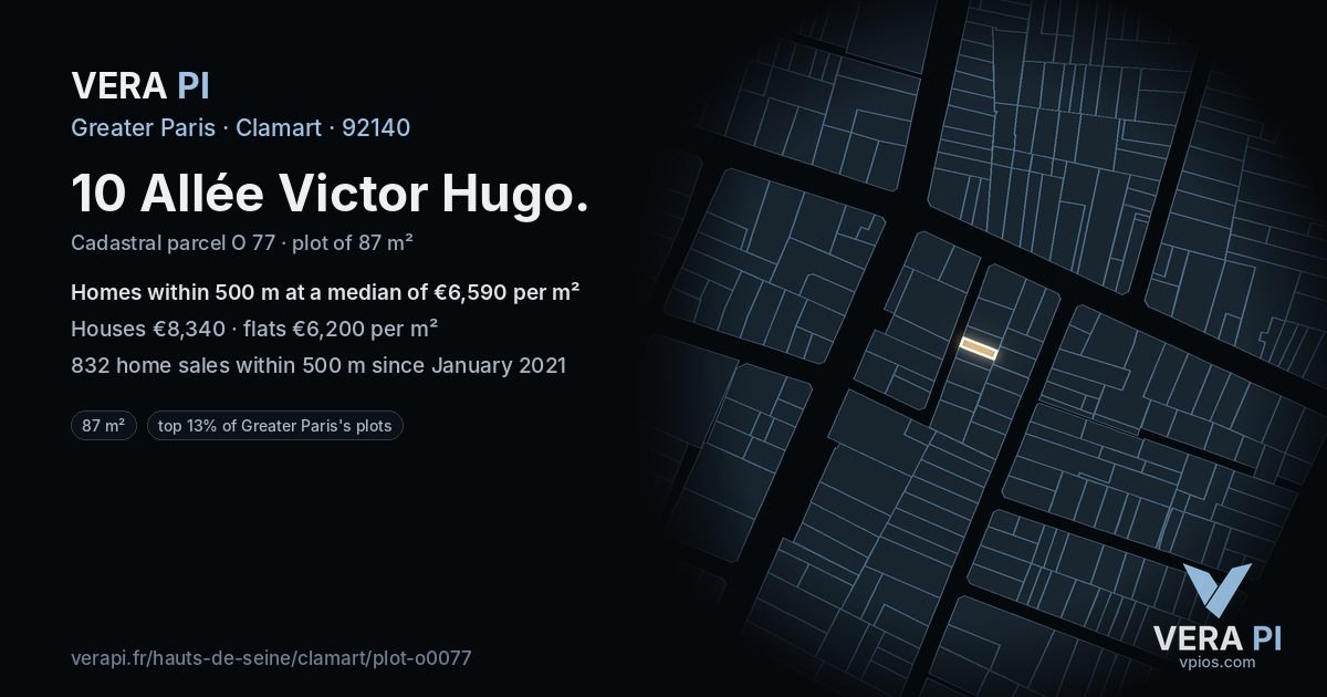 10 Allée Victor Hugo, Clamart at night – the plot lit, the parcels around coloured by the prices near them