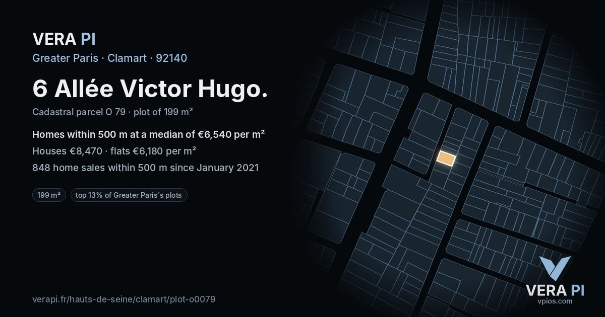 6 Allée Victor Hugo, Clamart at night – the plot lit, the parcels around coloured by the prices near them