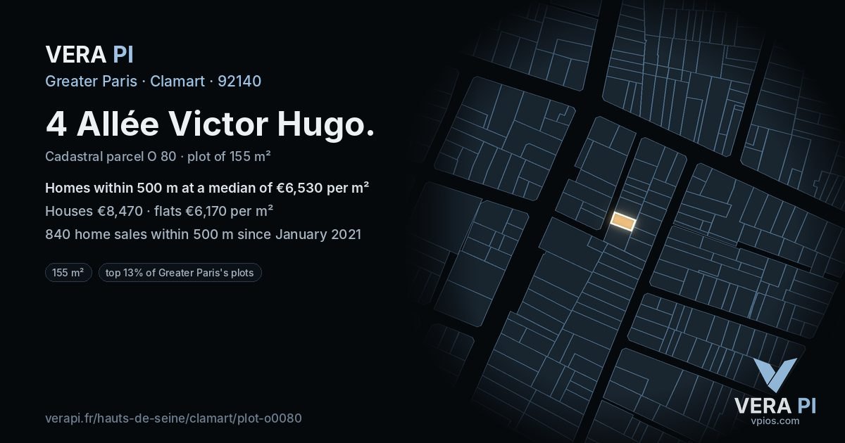 4 Allée Victor Hugo, Clamart at night – the plot lit, the parcels around coloured by the prices near them