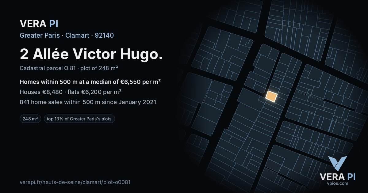 2 Allée Victor Hugo, Clamart at night – the plot lit, the parcels around coloured by the prices near them