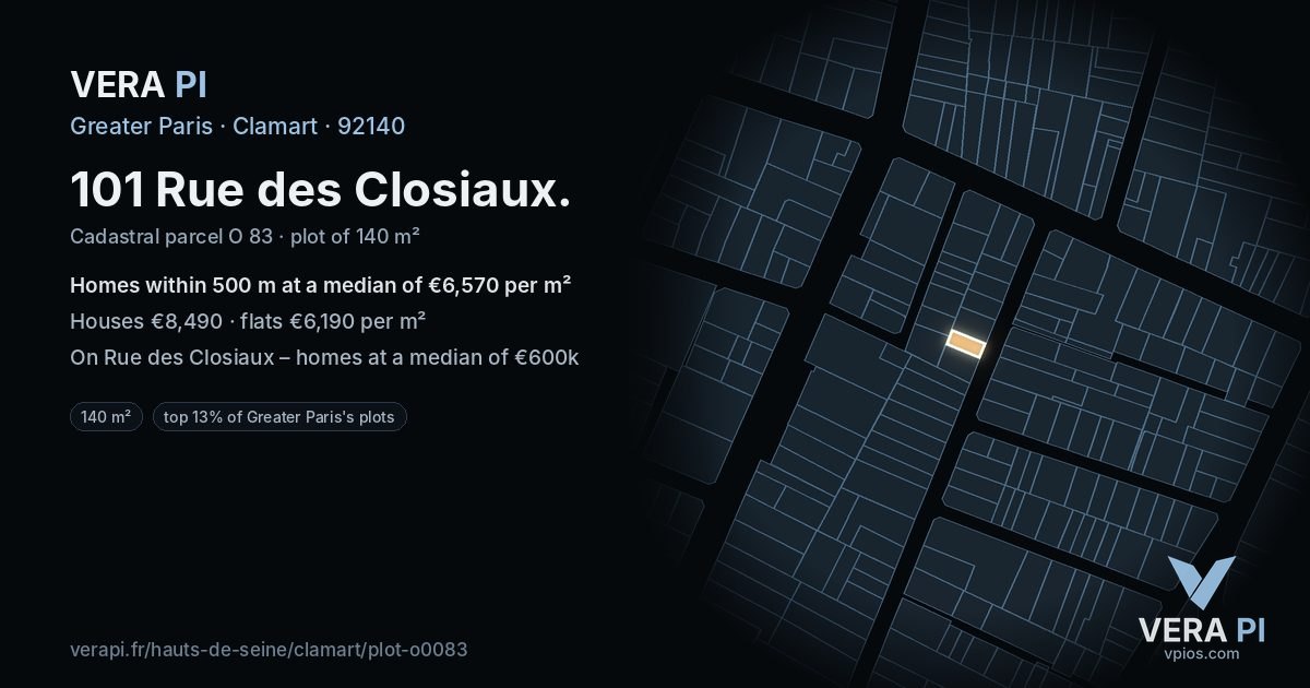 101 Rue des Closiaux, Clamart at night – the plot lit, the parcels around coloured by the prices near them