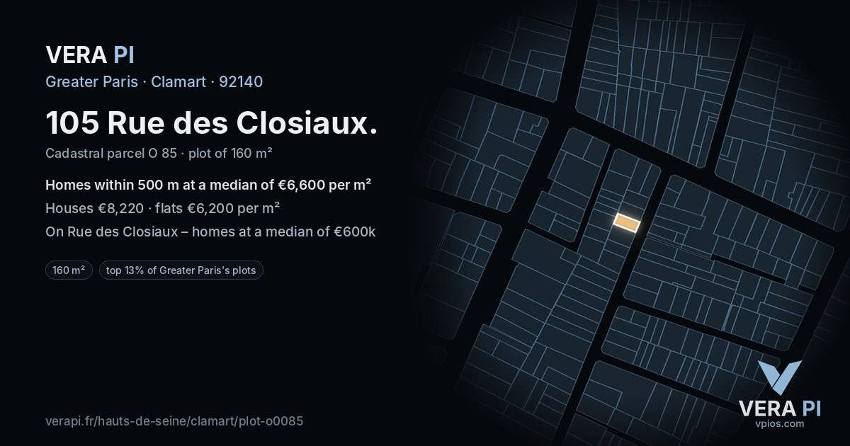 105 Rue des Closiaux, Clamart at night – the plot lit, the parcels around coloured by the prices near them