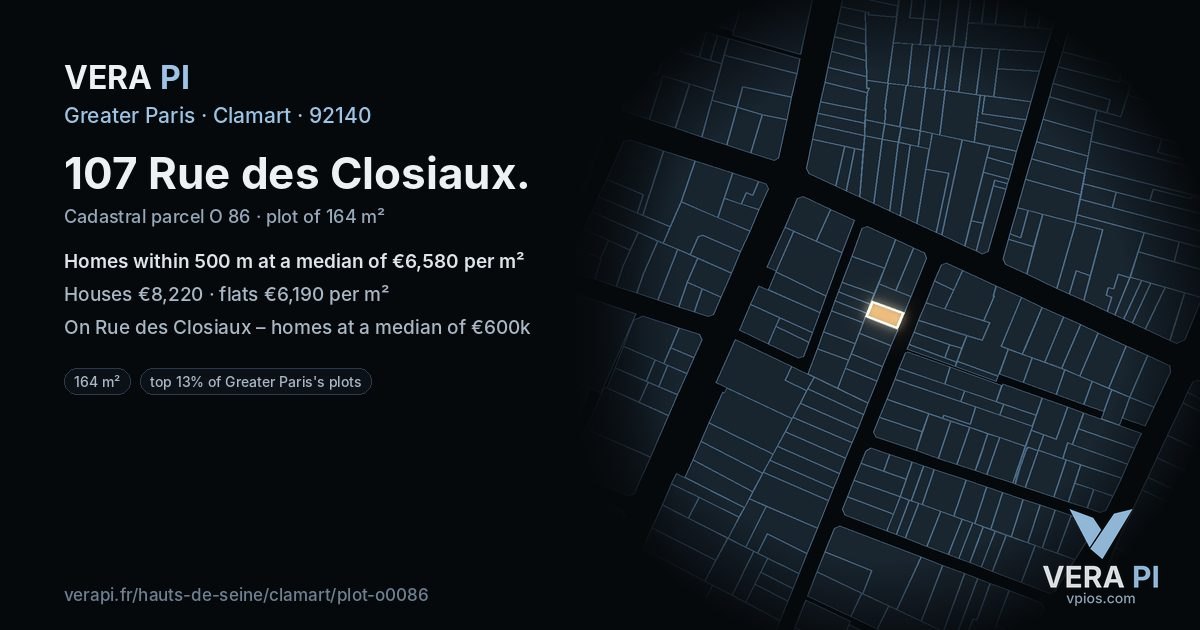 107 Rue des Closiaux, Clamart at night – the plot lit, the parcels around coloured by the prices near them