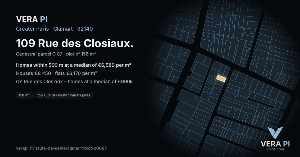 109 Rue des Closiaux, Clamart at night – the plot lit, the parcels around coloured by the prices near them