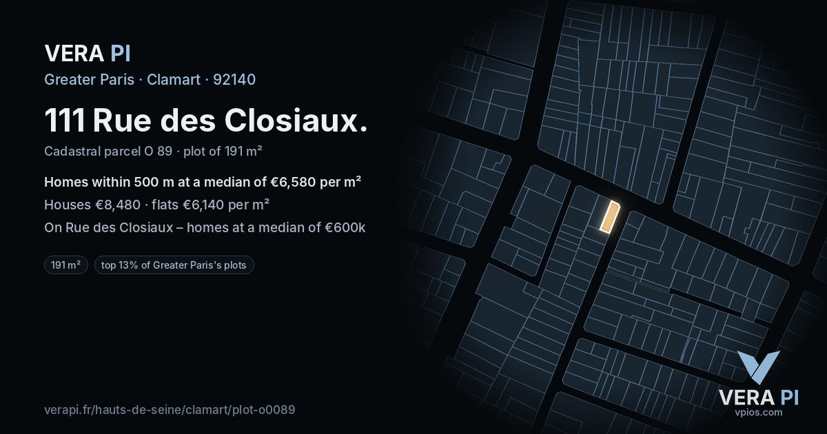 111 Rue des Closiaux, Clamart at night – the plot lit, the parcels around coloured by the prices near them