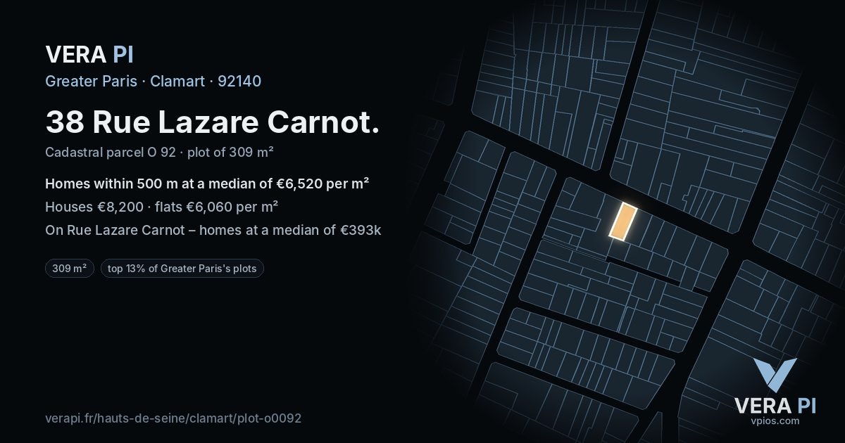 38 Rue Lazare Carnot, Clamart at night – the plot lit, the parcels around coloured by the prices near them