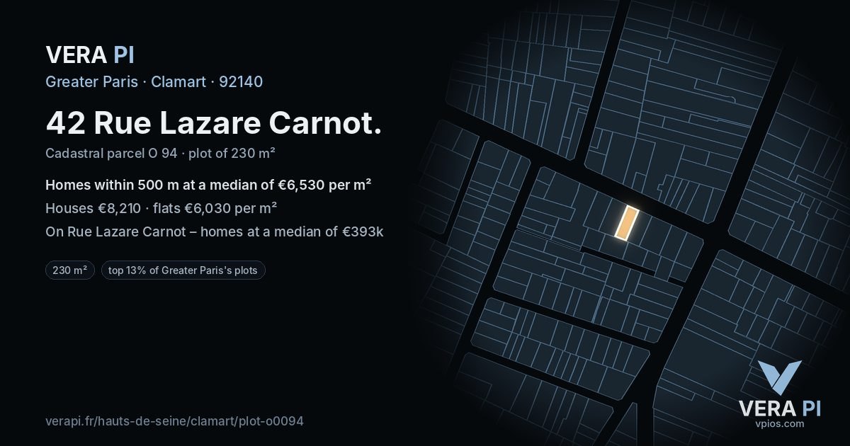 42 Rue Lazare Carnot, Clamart at night – the plot lit, the parcels around coloured by the prices near them