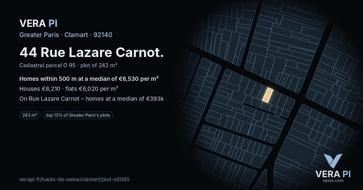 44 Rue Lazare Carnot, Clamart at night – the plot lit, the parcels around coloured by the prices near them