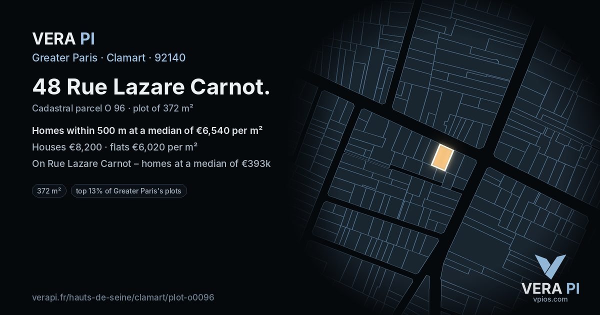 48 Rue Lazare Carnot, Clamart at night – the plot lit, the parcels around coloured by the prices near them