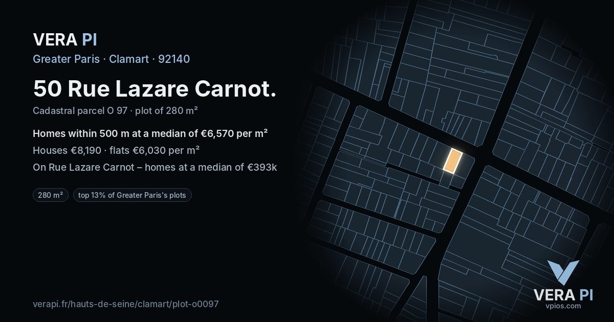 50 Rue Lazare Carnot, Clamart at night – the plot lit, the parcels around coloured by the prices near them